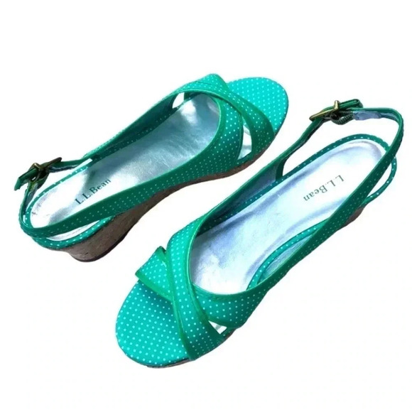 L.L. BEAN | Green Polka Dot Cork Wedge Heels Size 8 - Picture 2 of 7